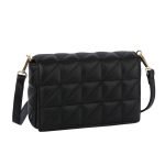 Black Quilted Vegan Leather Rectangle Crossbody Handbag with Flap and Snap Closure, Detachable Shoulder Strap.